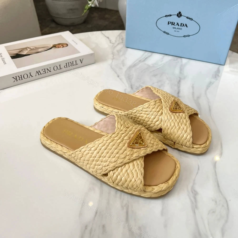 View 5 of PRADA RAFFIA CRISSCROSS SLIDES NATURAL