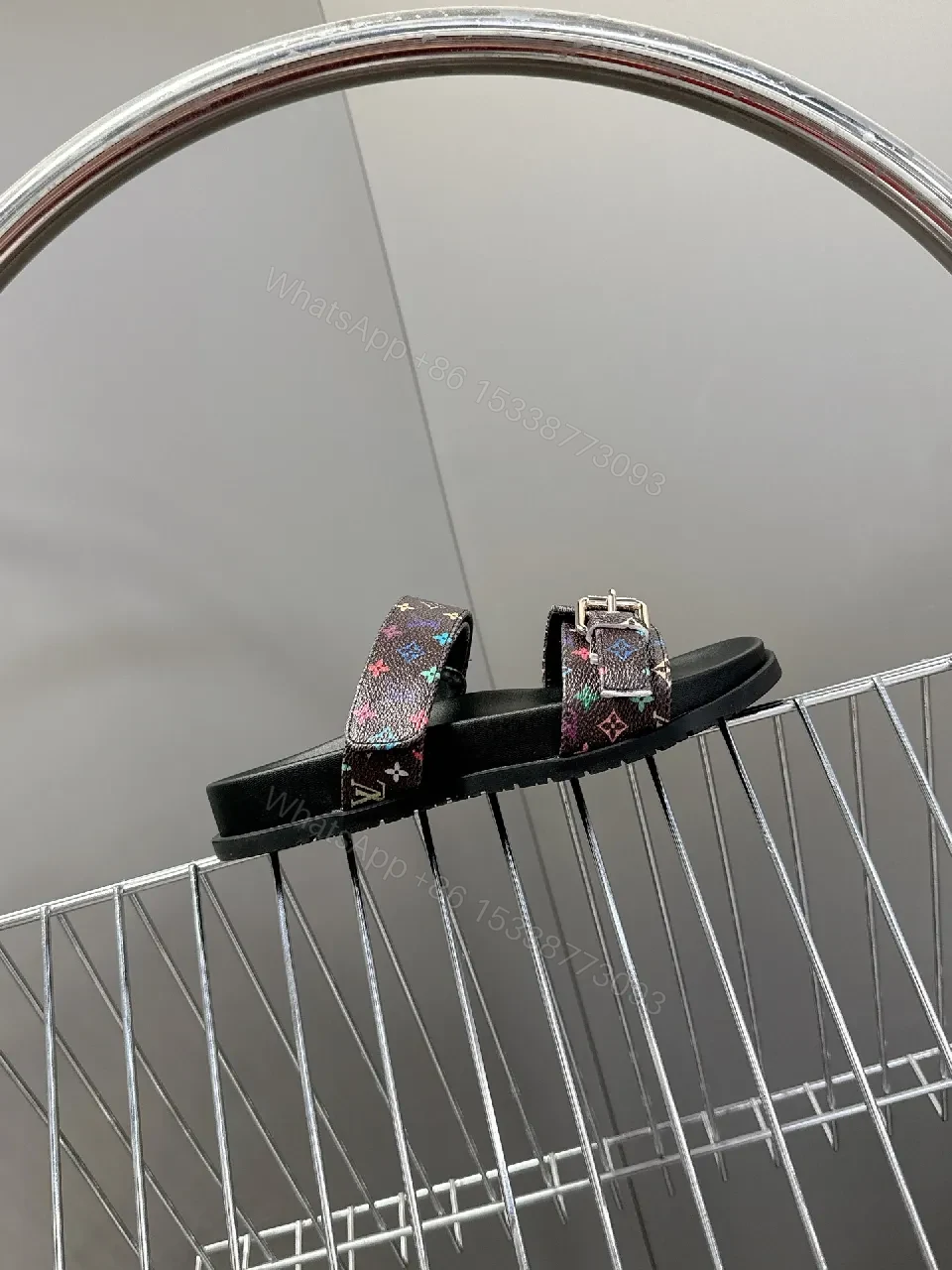 View 2 of Multicolor Monogram Slides with Velcro Straps