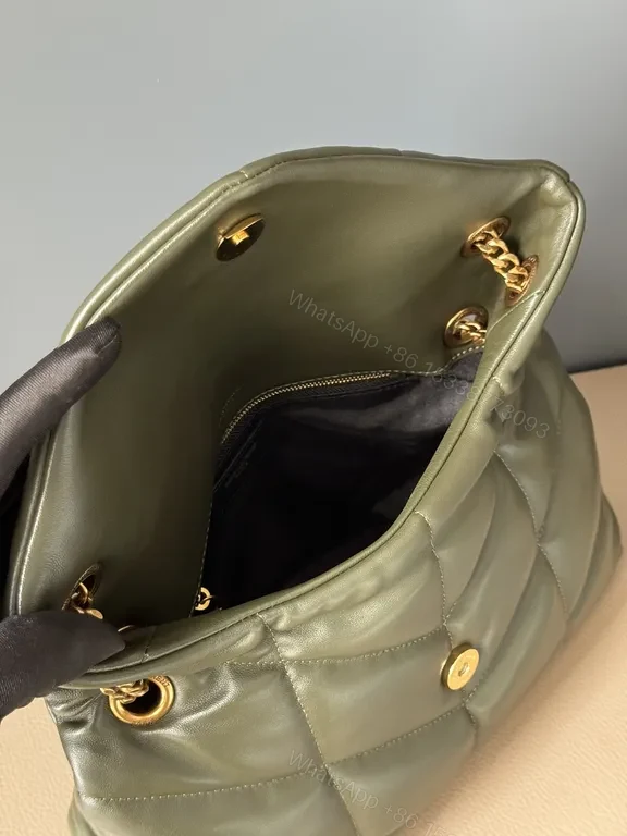 View 3 of Olive Quilted Leather Shoulder Bag with Gold YSL Logo