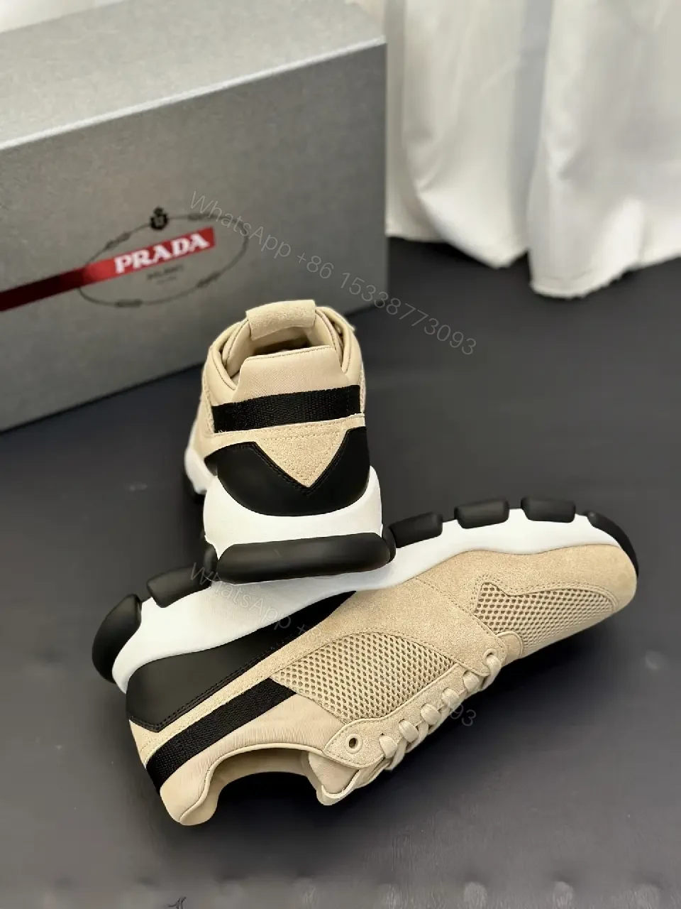 View 9 of Beige Mesh & Suede Sneakers, Lightweight Runner Style, Prada Lookalike