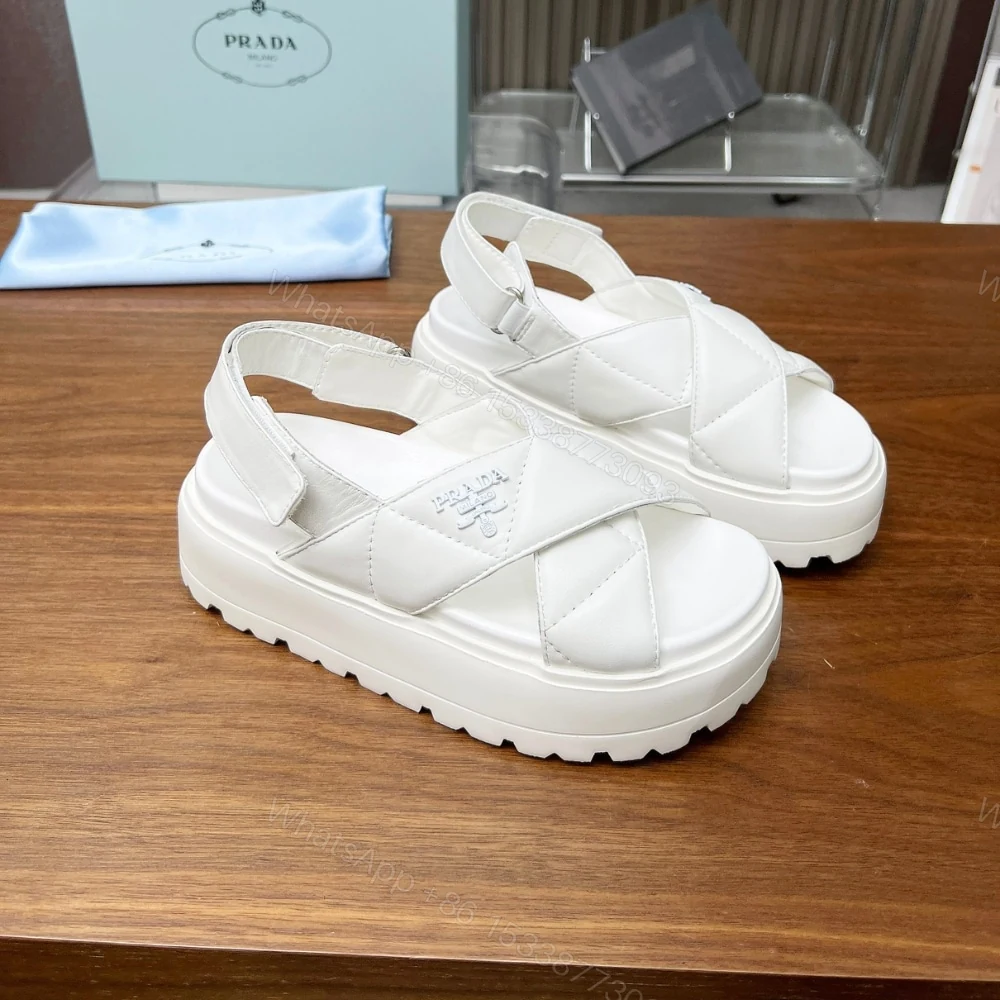 View 2 of PRADA NAPPA LEATHER CRISSCROSS FLATFORM SANDALS IVORY 1XZ777 038 F0304 F 045