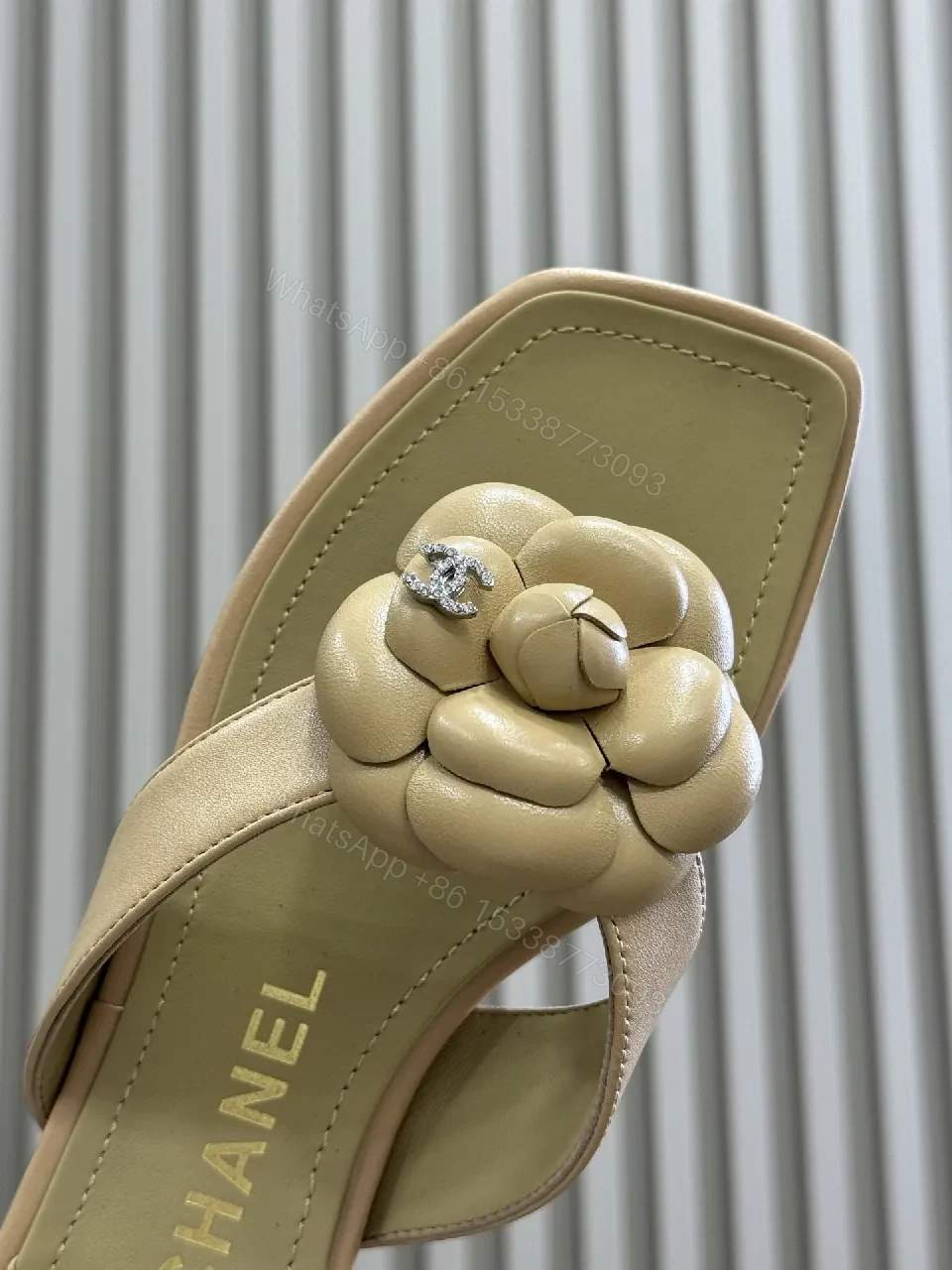 View 3 of Beige Leather Slide + Flower Embellishment + Luxe-Casual + All-Day Comfort + Slide
