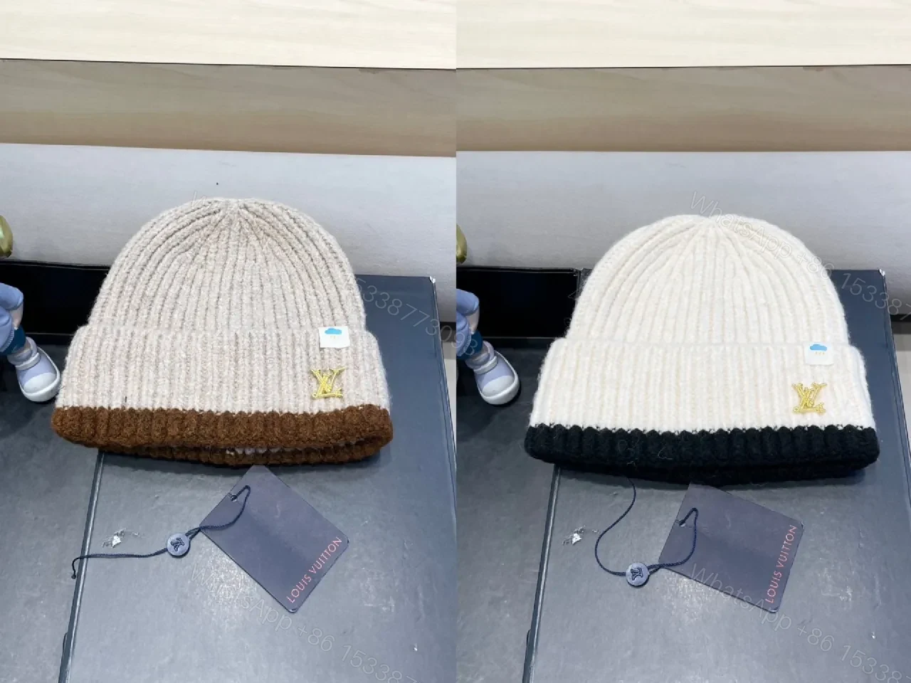 View 5 of Two-Tone Knit Beanie with Gold LV Emblem