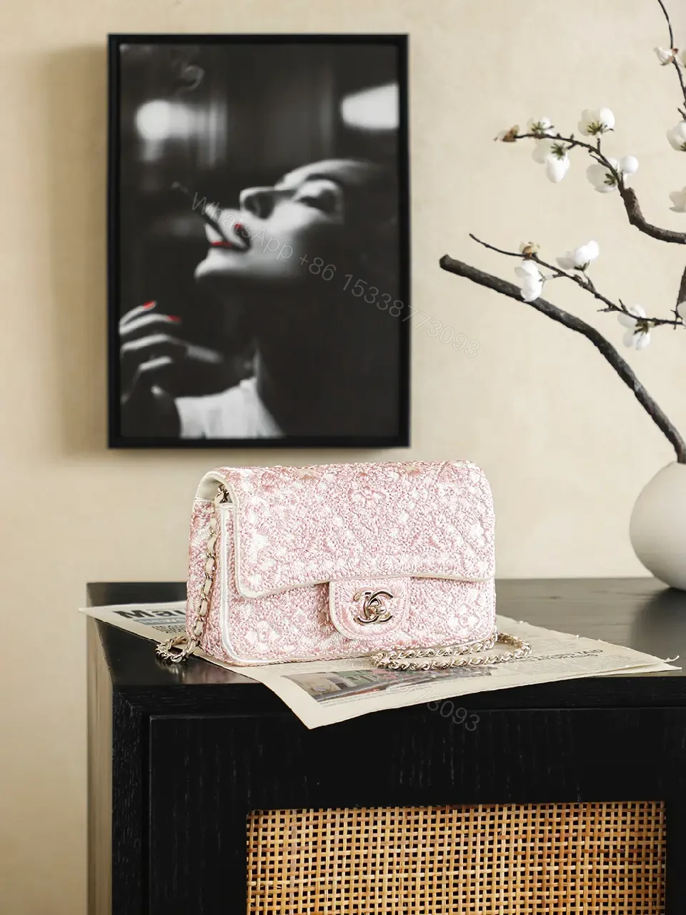 View 7 of pink glitter fabric Chanel-inspired shoulder bag with chain strap for everyday luxury