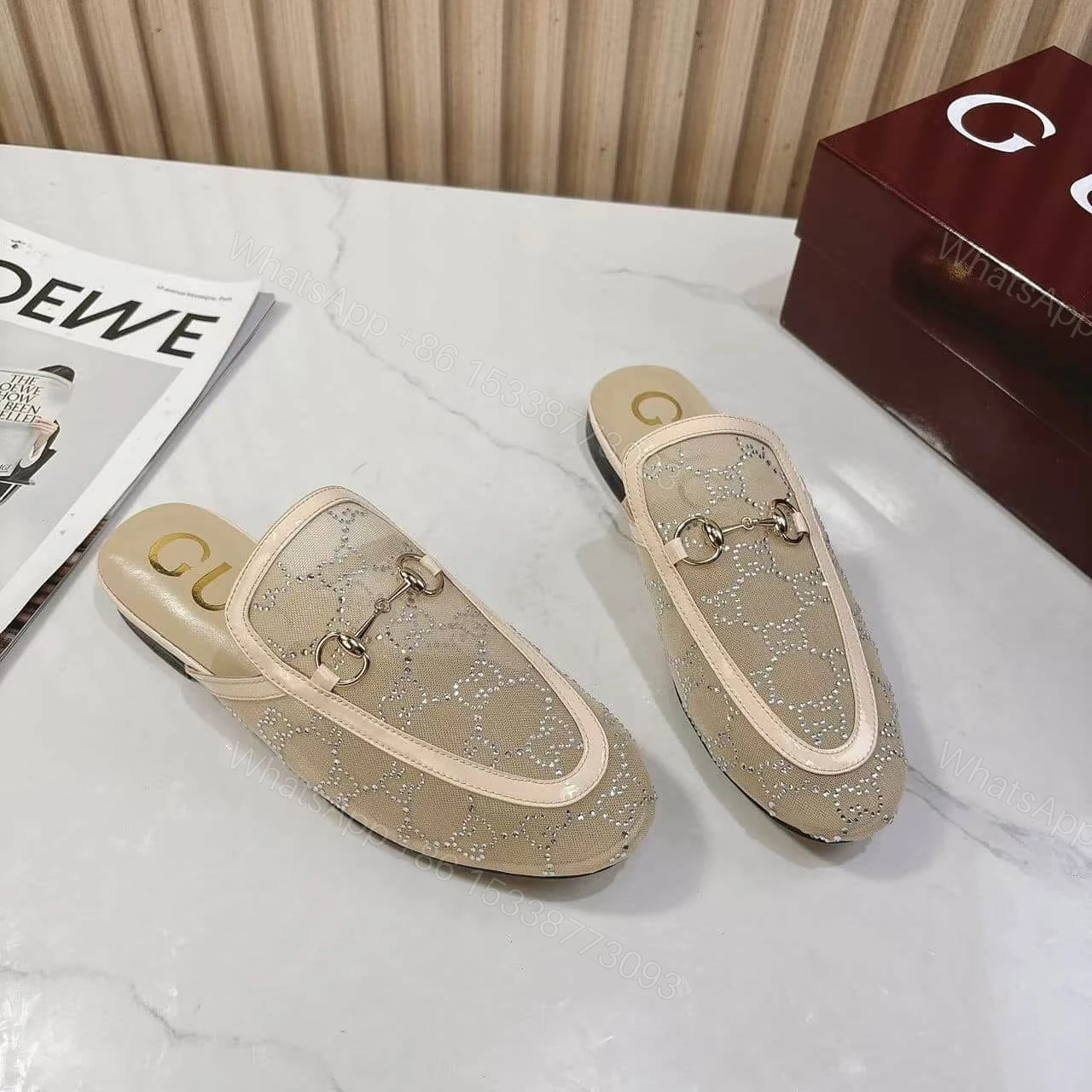 View 3 of GUCCI WOMEN GG CRYSTAL PRINCETOWN SLIPPER BEIGE ‎835484 FAEQ0 9941