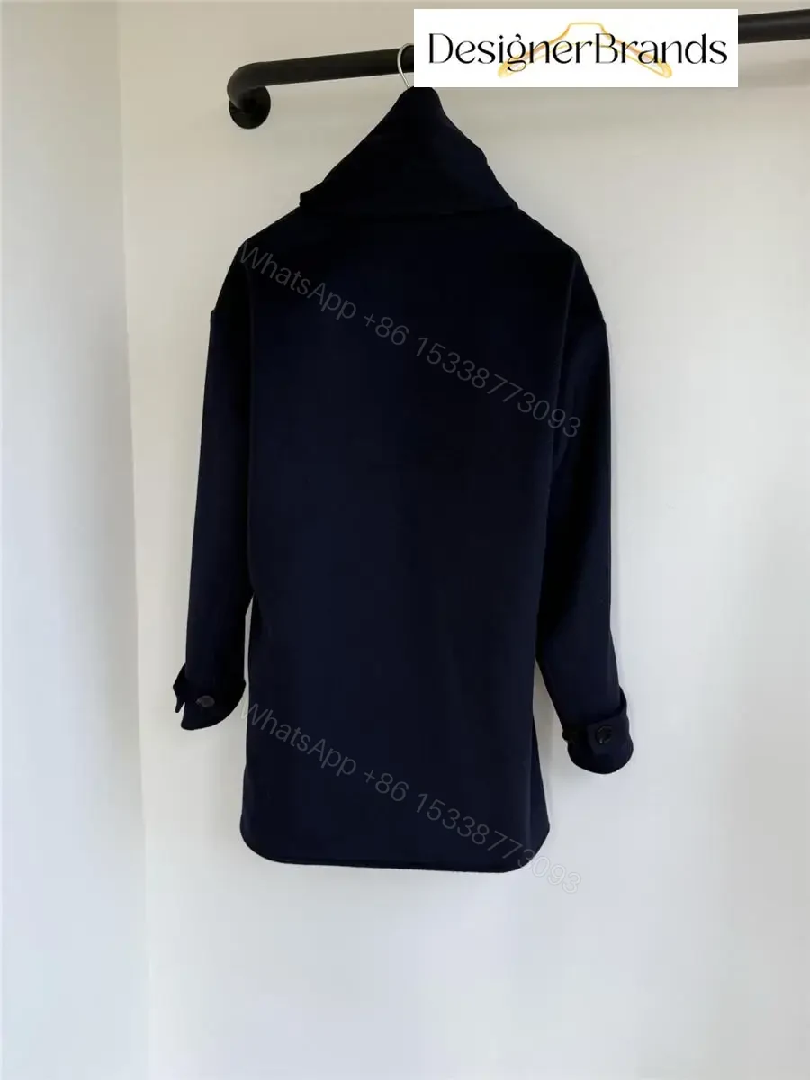 View 4 of Navy Wool-Blend Coat: Structured, Hidden Scarf Lining