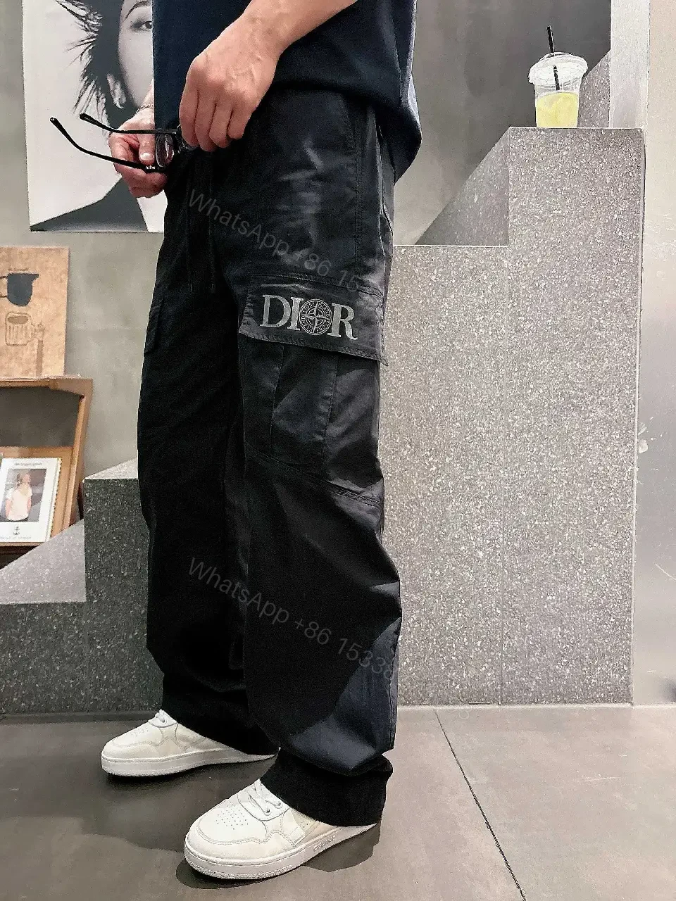 View 12 of Black Cargo Pants - Tactical, Smooth Fabric, Dior Logo Pocket, Relaxed Fit