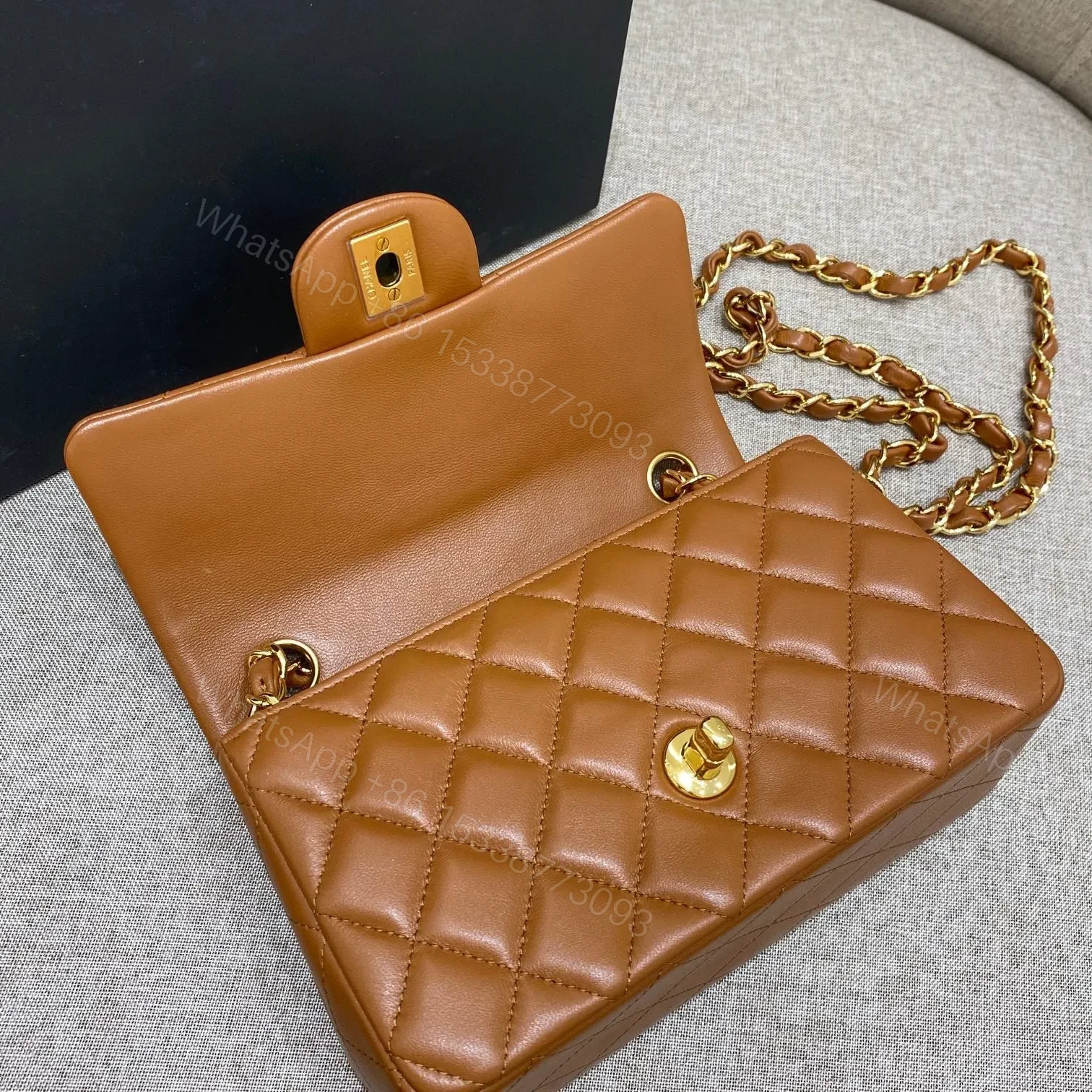 View 5 of CHANEL FLAP BAG 20CM CARAMEL LAMBSKIN GOLD HARDWARE