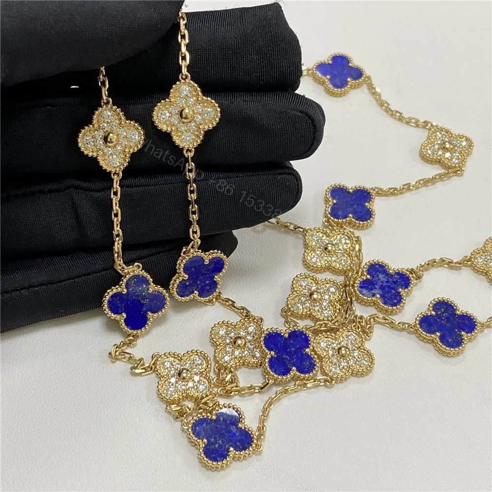 View 9 of Van Cleef & Arpels 18K Yellow Gold 20 Motifs Diamonds And Lapis Alhambra Necklace