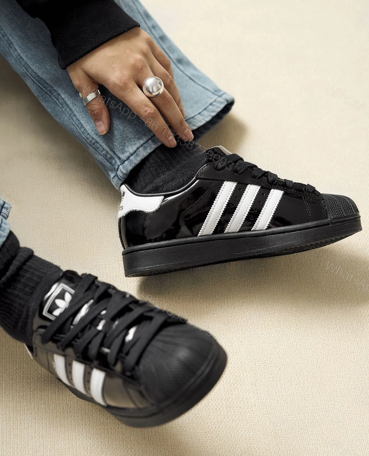 View 2 of First Copy Adidas Originals Superstar Atmos Black Patent Sneakers for Men