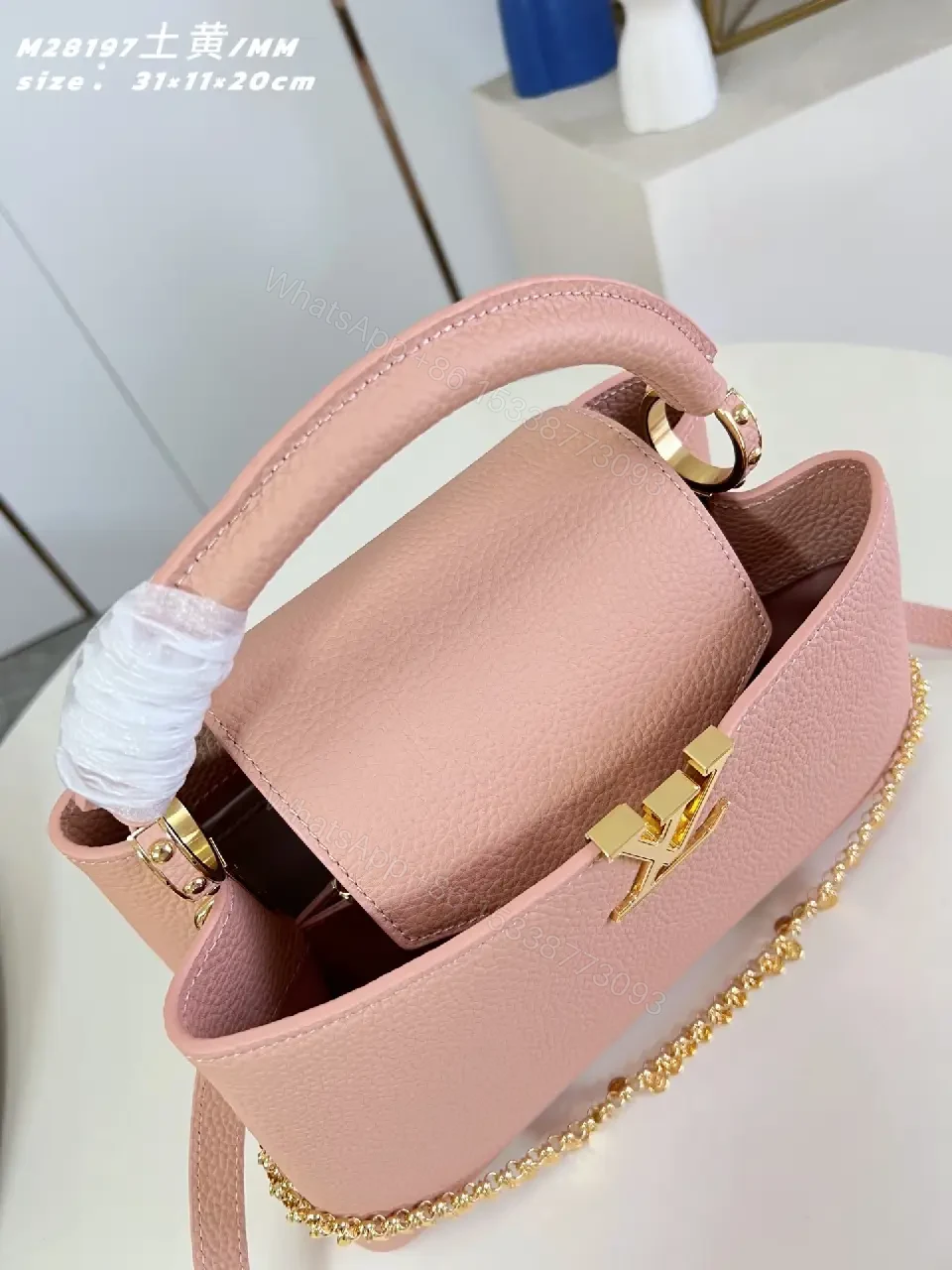 View 4 of Soft Pink Leather Handbag with Gold Hardware