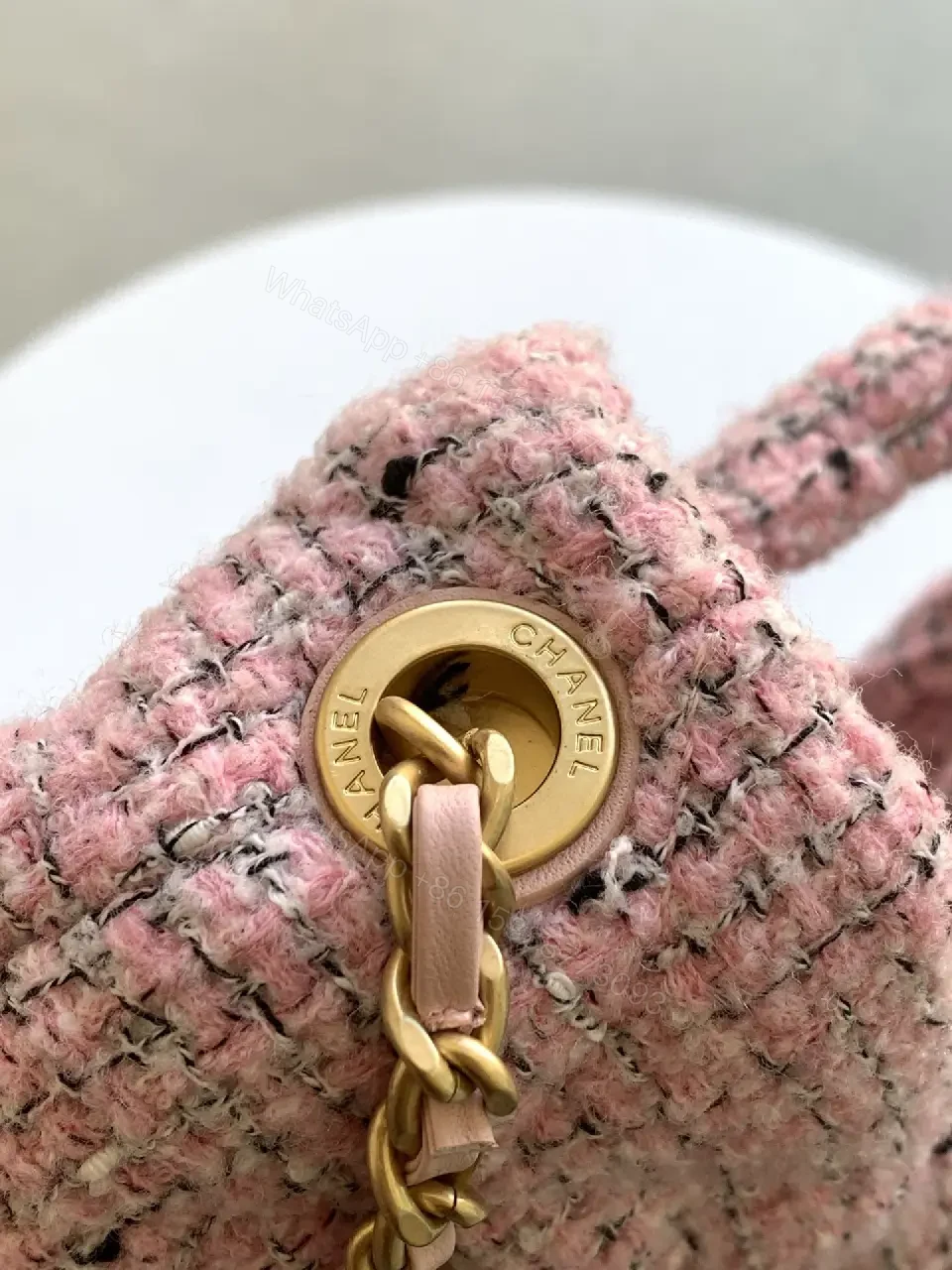 View 3 of Pink Tweed Bow Satchel, Gold Logo Clasp, Designer-Inspired Style