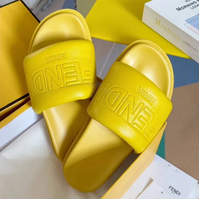 View 3 of Yellow Leather Slip-On Sandals by Fendi Roma + Contoured Comfort
