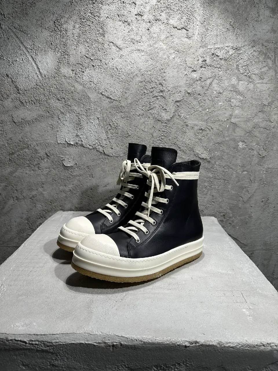 View 6 of Black Leather High-Top Sneakers with Off-White Accents