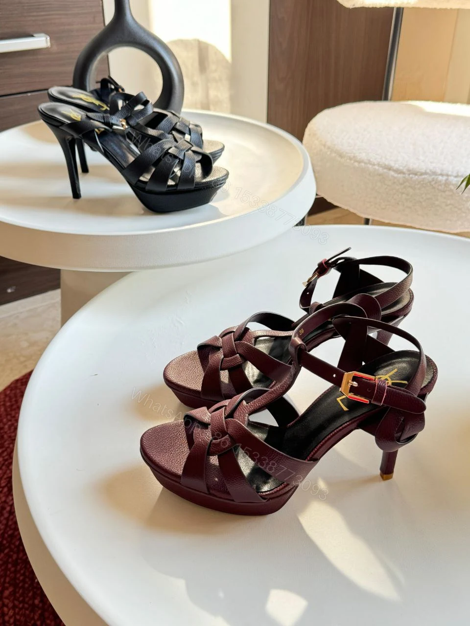 View 7 of Saint Laurent Burgundy Leather Tribute Sandals