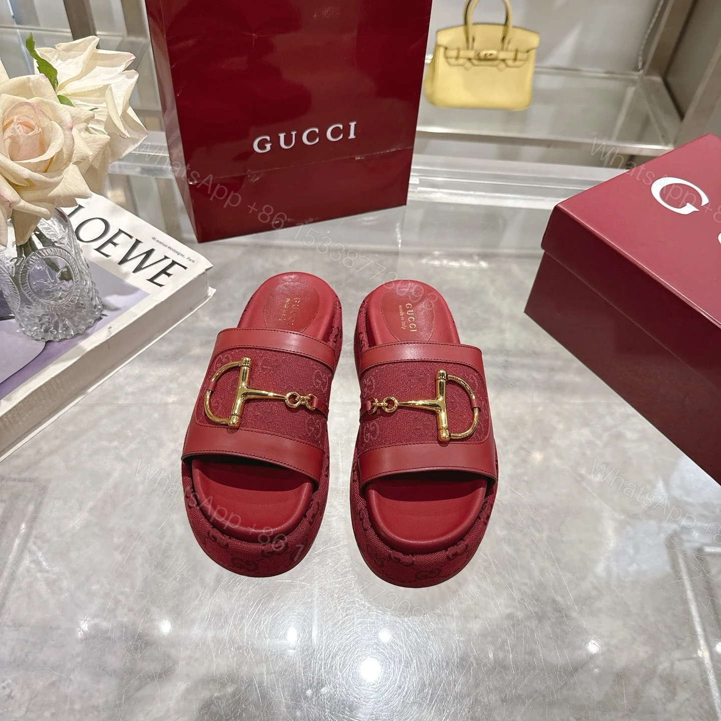 View 3 of GUCCI WOMEN’S PLATFORM SLIDES WITH HORSEBIT BURGUNDY