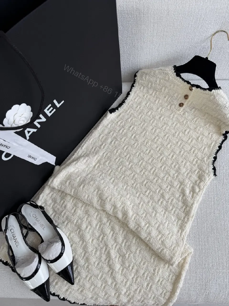 View 3 of Textured Knit Dress: Cream, Bouclé, Sleeveless, Luxe Trim, Midi Dress