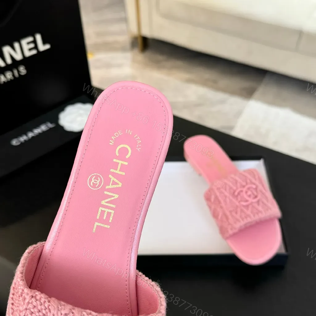 View 8 of Pink Knit-Trim Slides: Plush Couture-Inspired Comfort