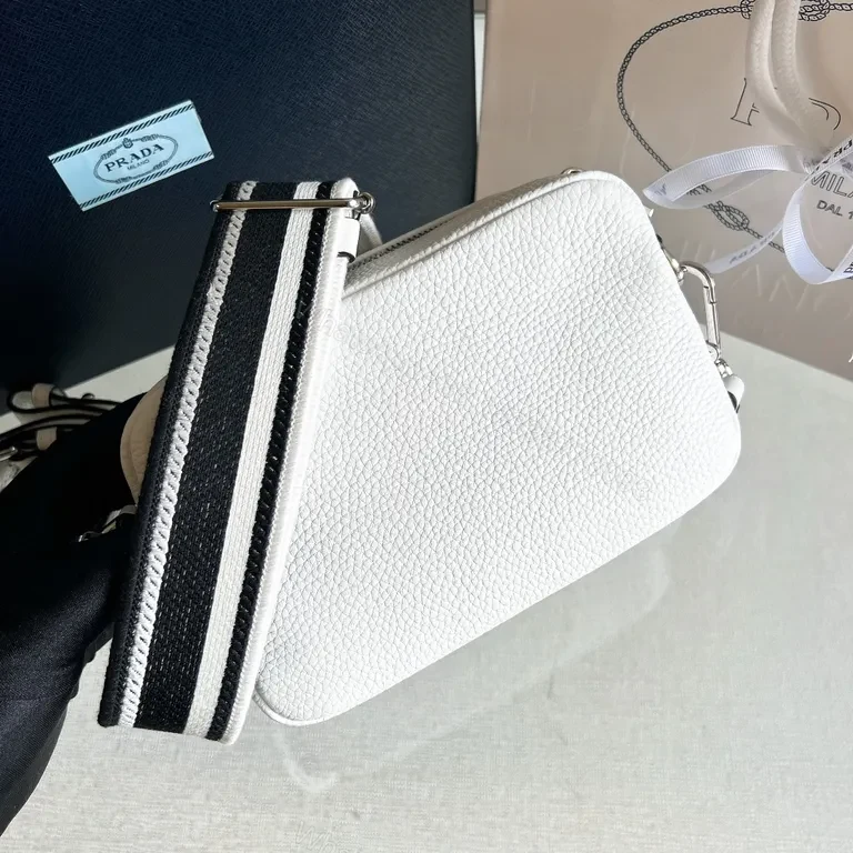 View 8 of White Leather Rectangular Crossbody with Bold Prada-Style Logo Strap