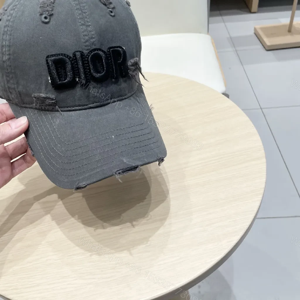 View 4 of Charcoal Cotton Distressed Cap: Dior-Inspired Monogram Edge