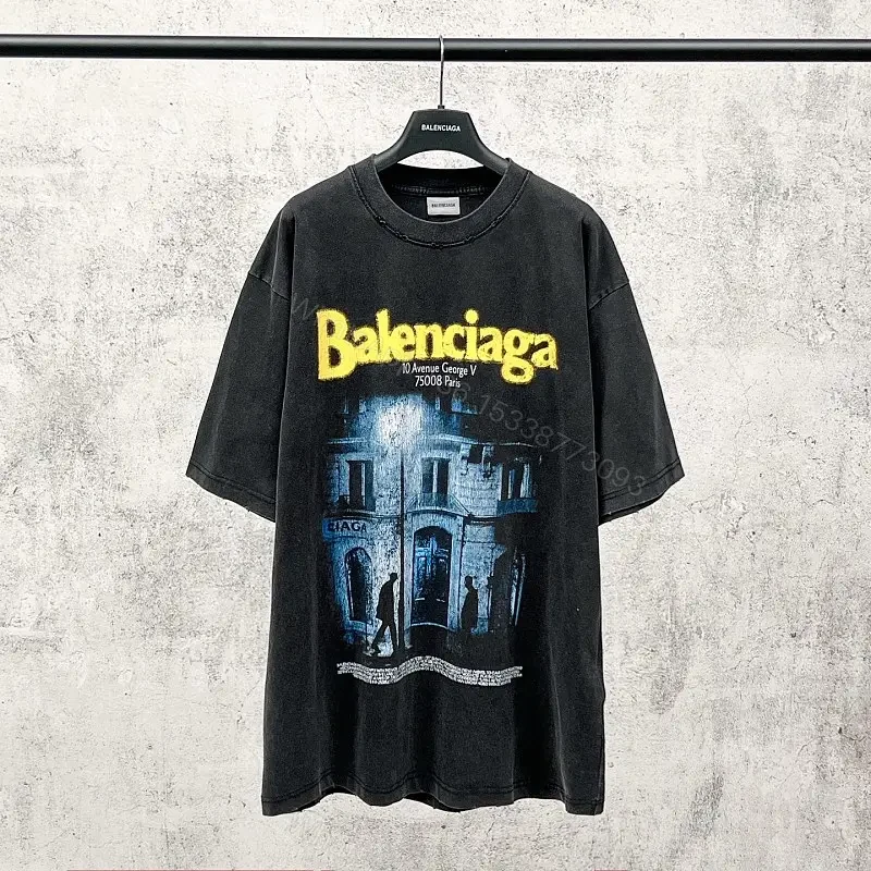 Dark Charcoal/Black Oversized Graphic Tee with Yellow Balenciaga Logo — view 1