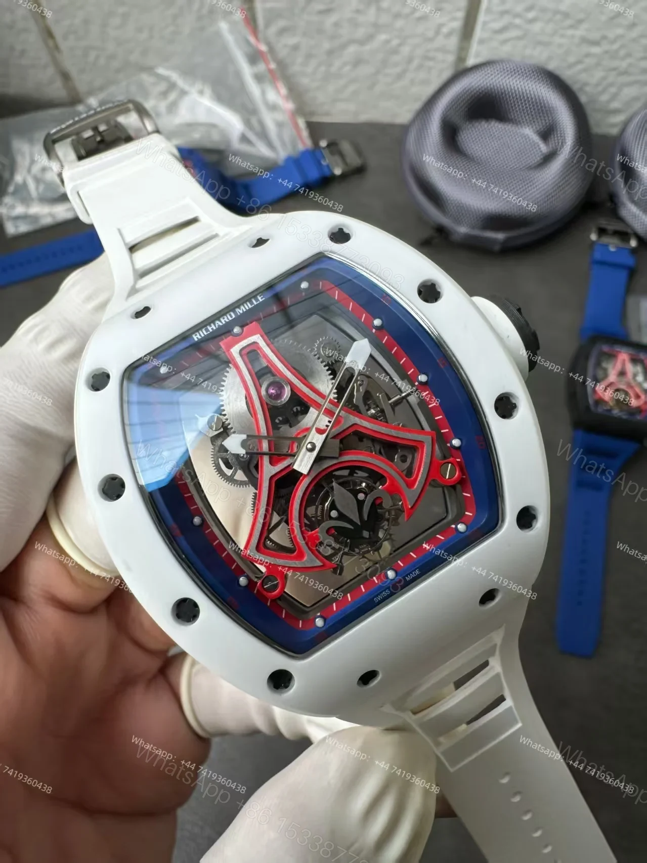 View 7 of Super Clone Richard Mille RM52-03 White Ceramic Paris Saint-Germain Skeleton Tourbillon 1:1 Replica Watch