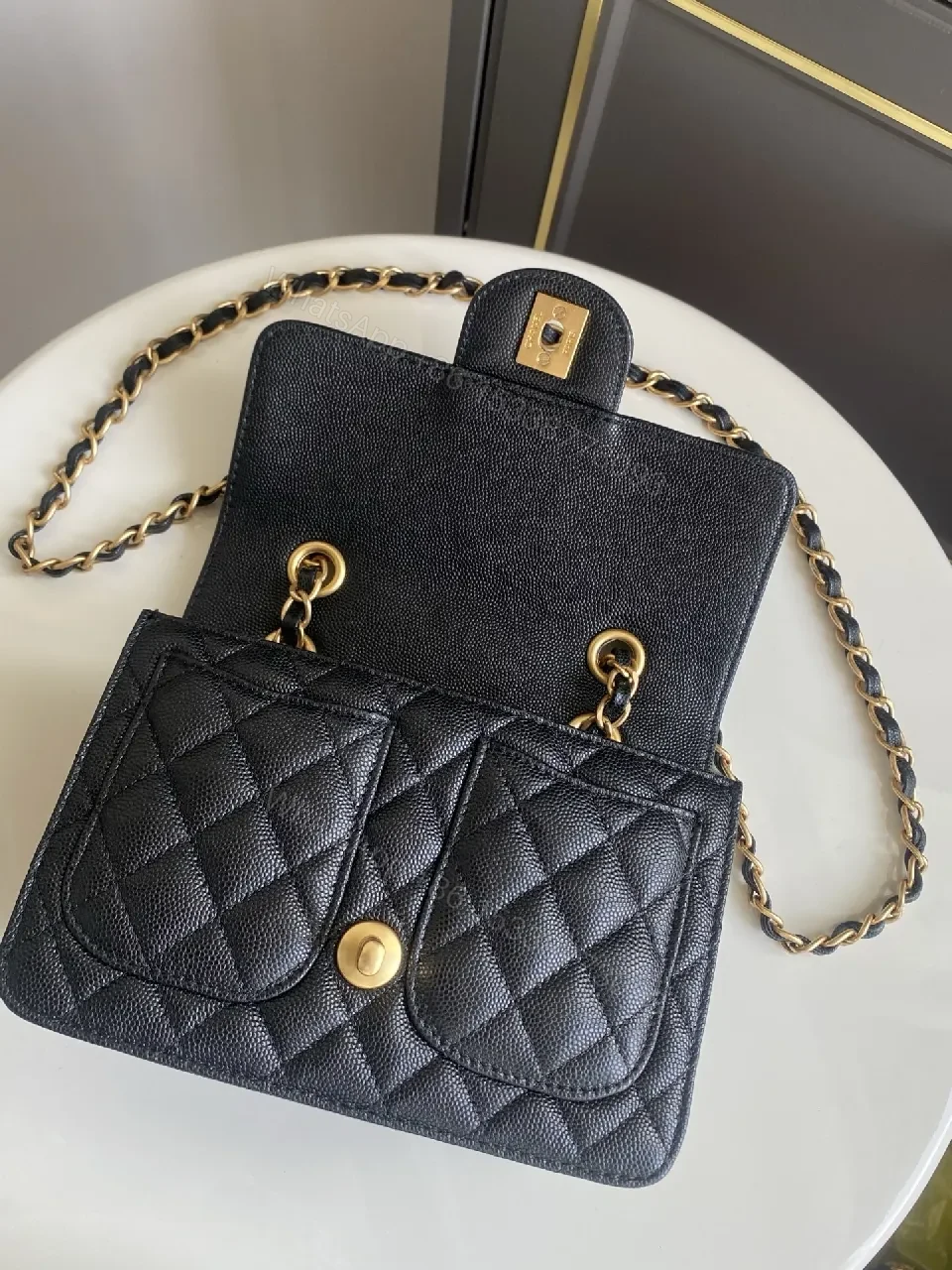 View 8 of Black Quilted Flap Bag with Gold Chain - Timeless Luxe Signature