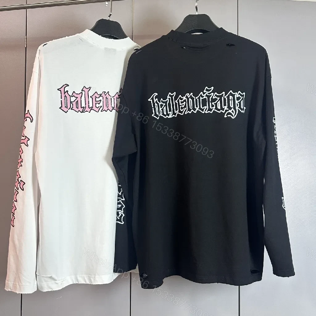 View 6 of White Cotton Blend Tee, Balenciaga-Inspired Graphic, Long Sleeve Tee