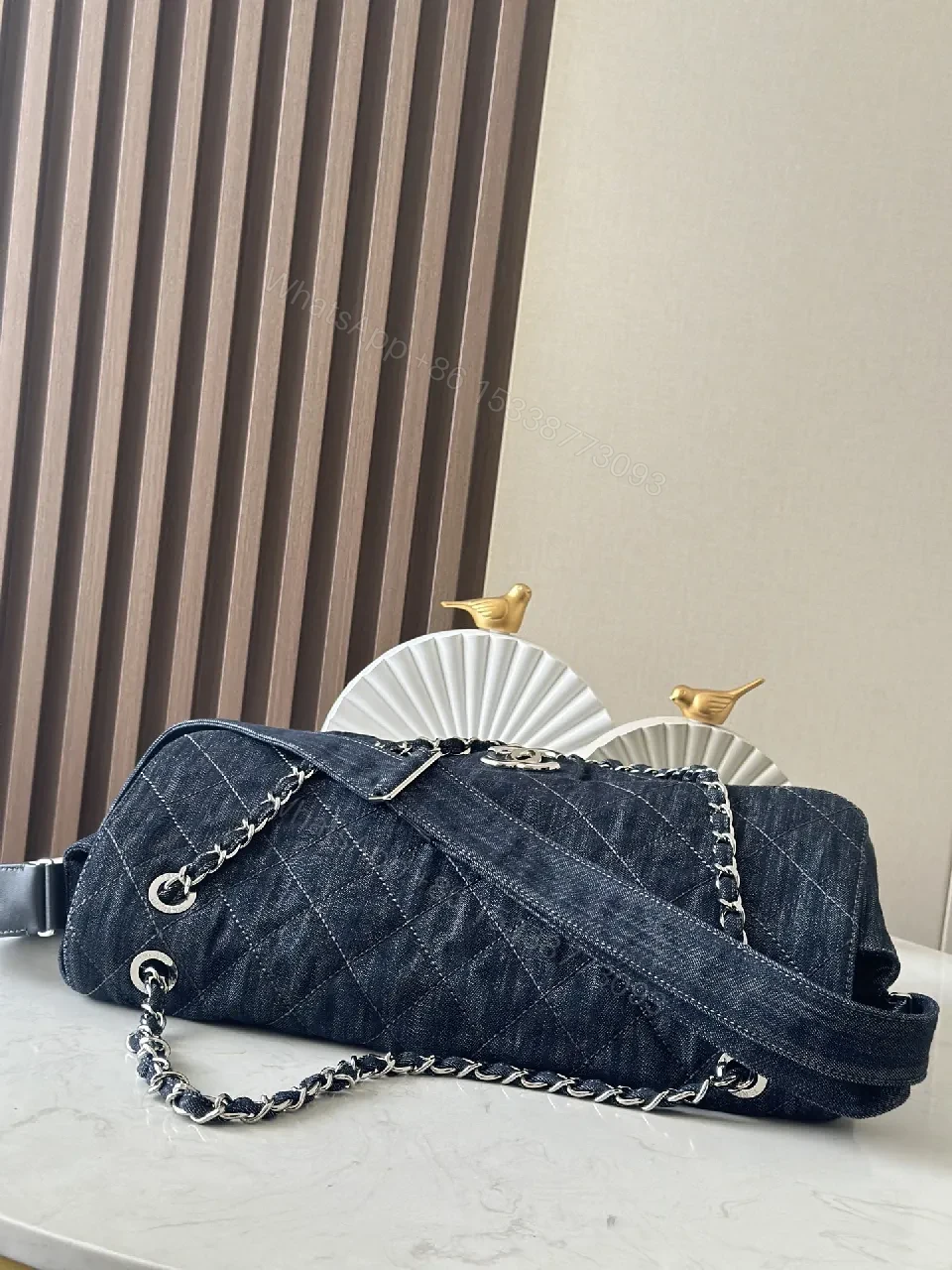View 7 of Denim-Textured Quilted Bag with Chain-Detail Handle