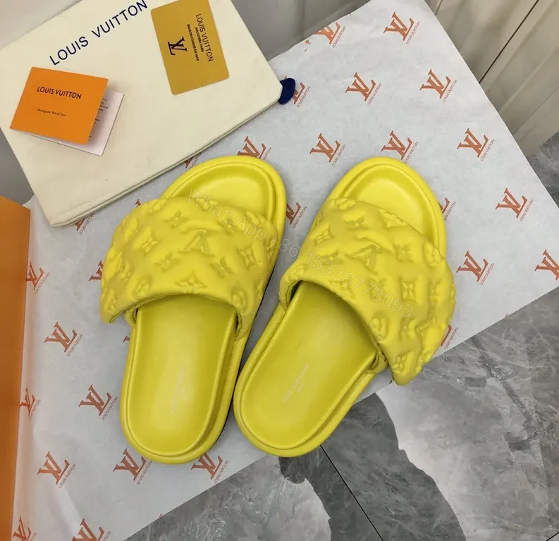 View 8 of Neon LV-Inspired Slides: Luxe Monogram Comfort Sandals