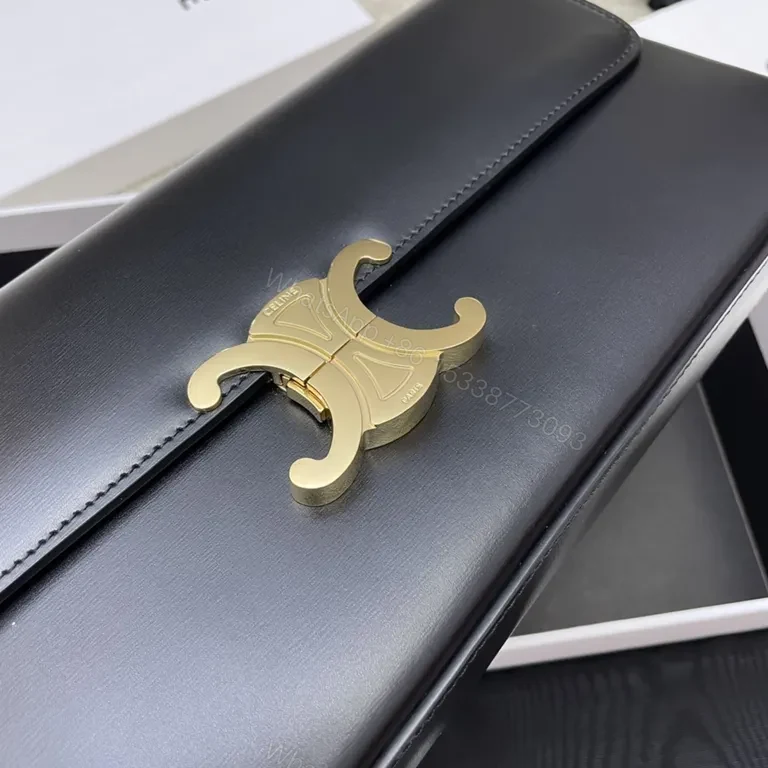 View 5 of Chic Black Leather Shoulder Bag â€“ Gold Logo Clasp, CELINE