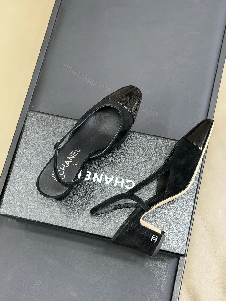 Black Suede Slingback Heels with Patent Toe Cap, Luxe, Comfort-First — view 1
