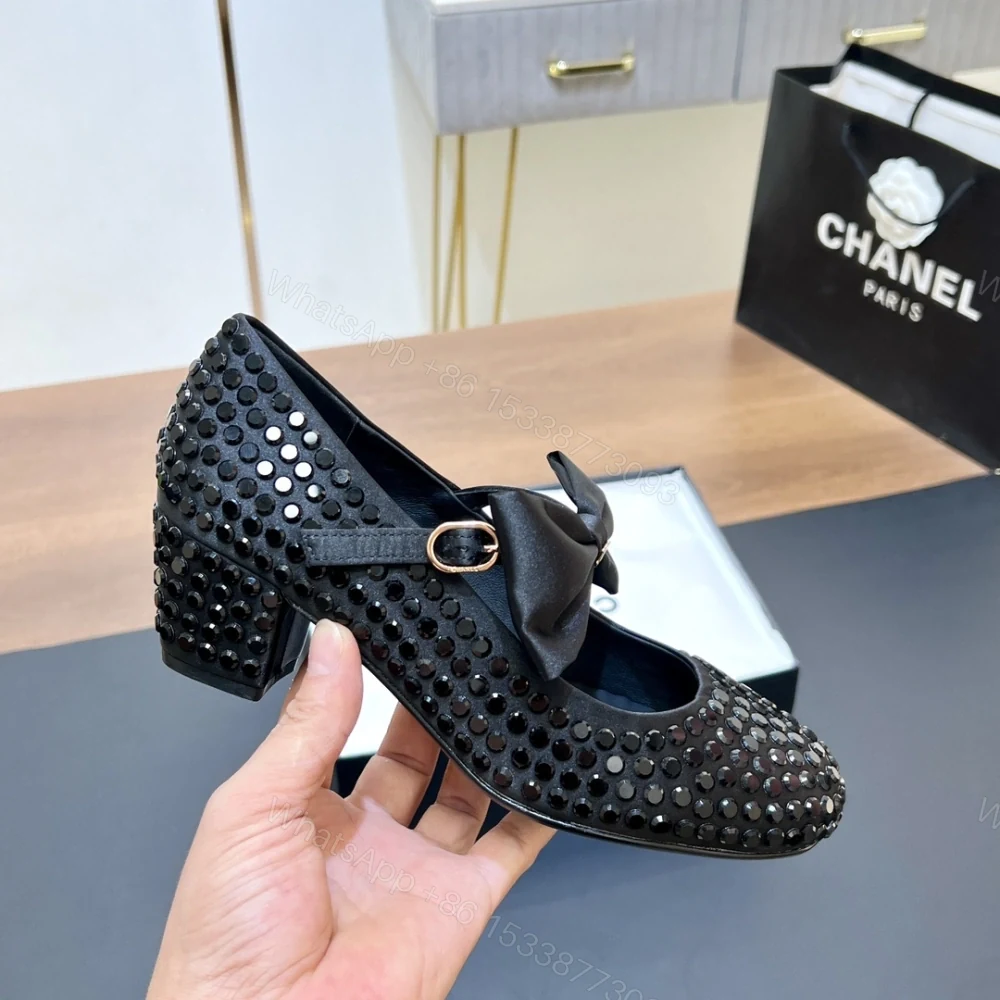 View 9 of 高仿Chanel*G45749B緞子水鑽圓頭單鞋黑色4.5CM免檢版