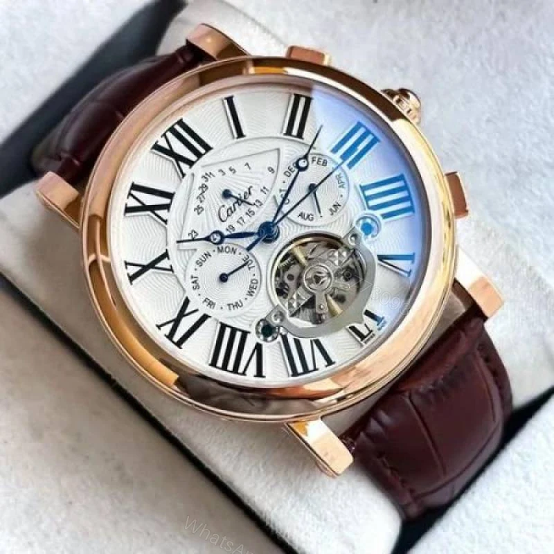 View 2 of First Copy Cartier Roman Numeral Skeleton Automatic Watch With Rose Gold Case And Brown Leather Strap
