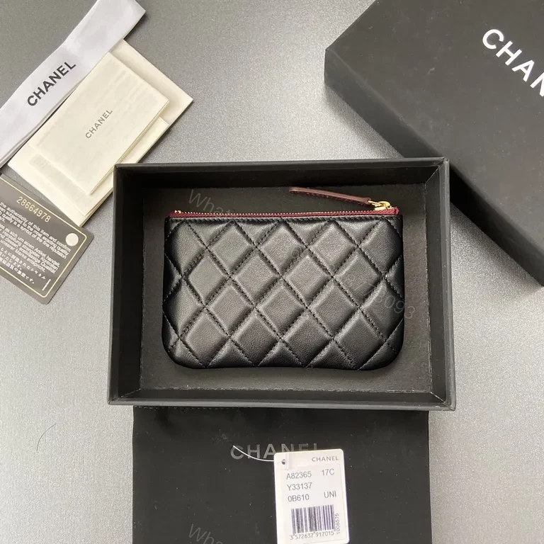 View 2 of Quilted Black Card Holder: Gold Logo, Compact Luxury