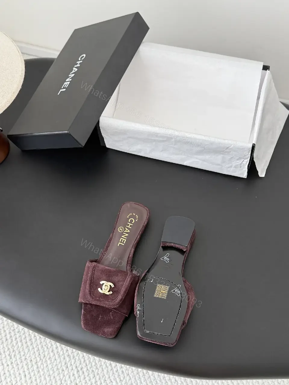 View 6 of Suede Mules with Gold Logo Hardware — Burgundy, Square-Toe, Cushioned Comfort