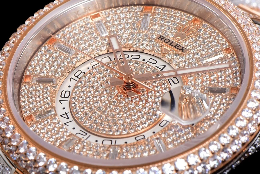 View 3 of Rolex Sky-Dweller Rose Gold Diamond Replica 42MM Exclusive Full Pavé Two-Tone Bracelet RG-ROLEX-SKYDWELLER-ROSEGOLD-42
