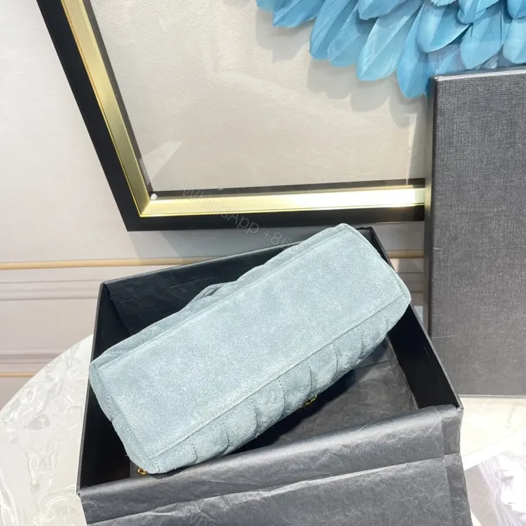 View 3 of Powder-Blue Suede Crossbody with YSL Monogram Gold Hardware