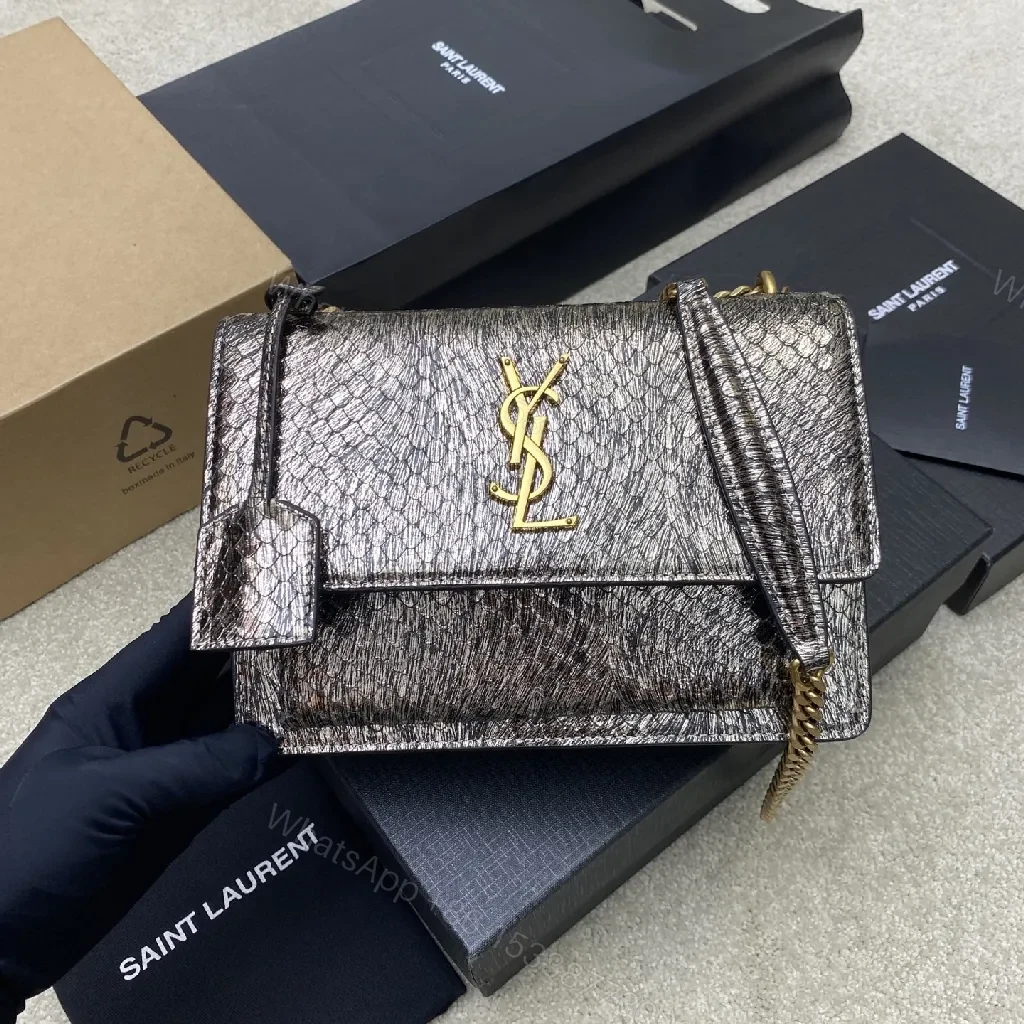 Metallic Textured Wallet-On-Shoulder Bag with YSL Hardware — view 1