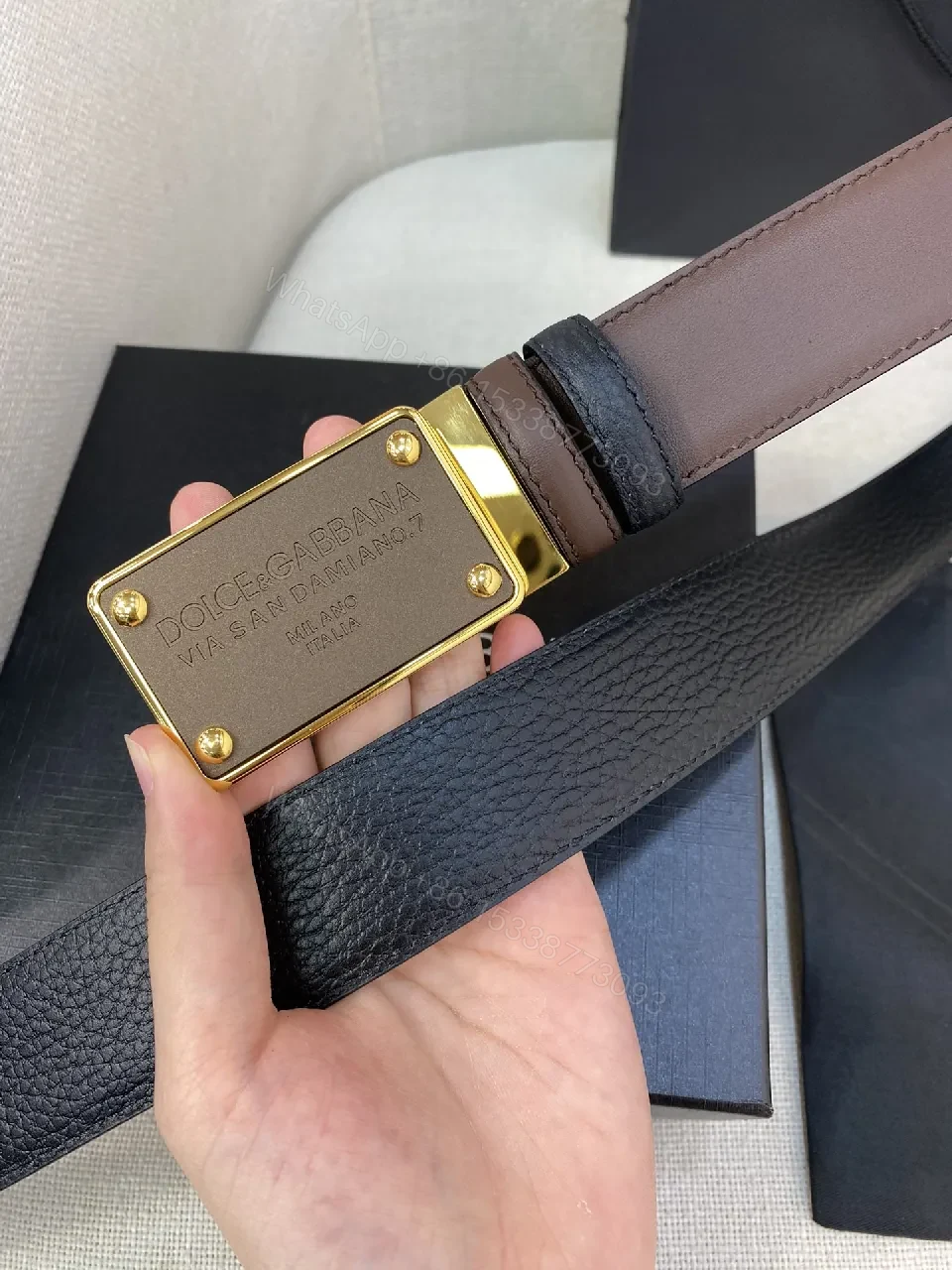View 5 of Elegant Leather Belt with Gold-Tone Hardware, Timeless Luxury