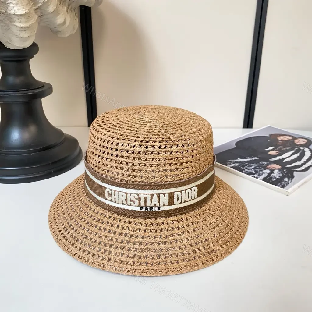 View 3 of Tan Woven Straw Hat Bucket-Style Wide-Brim with Logo Band