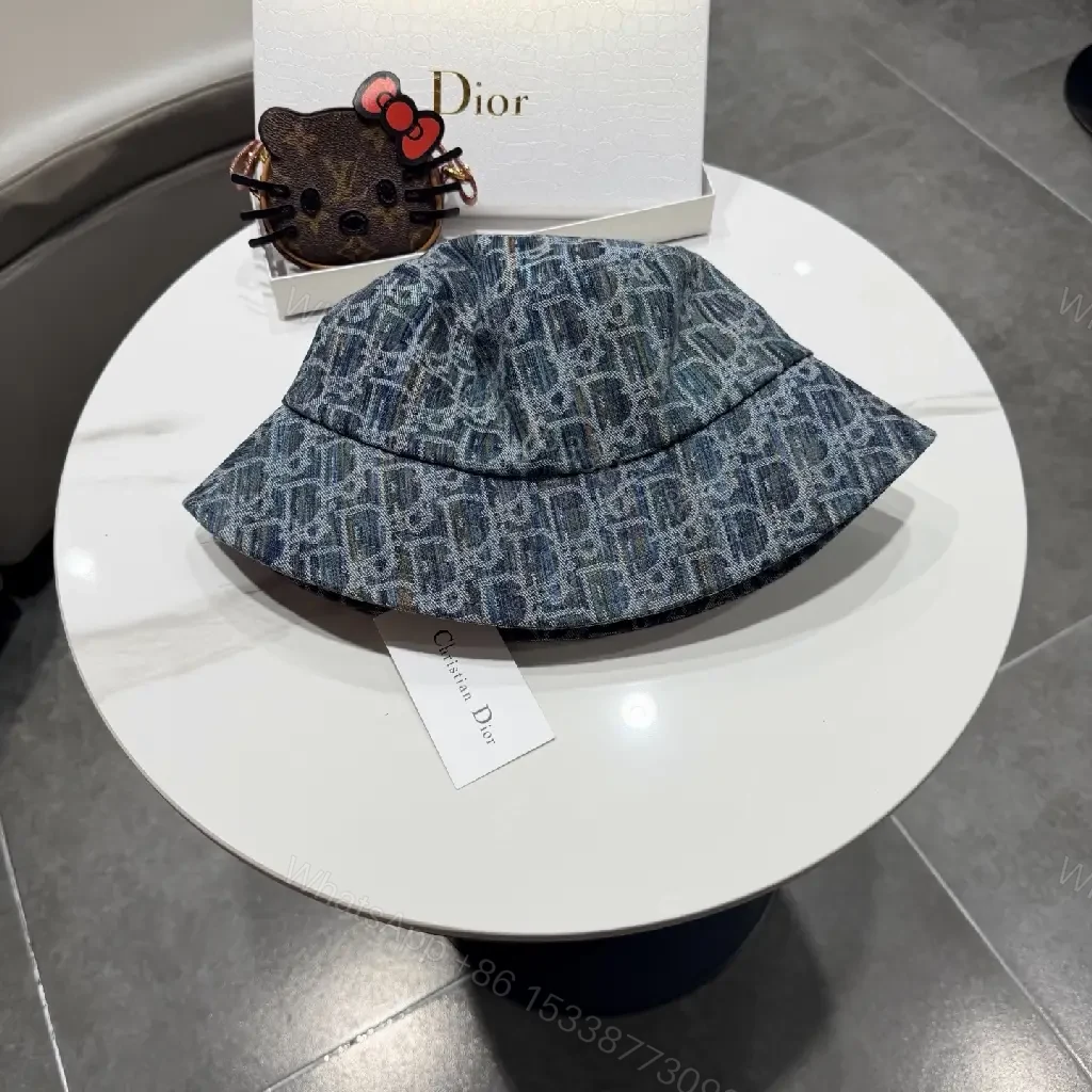 View 4 of Denim-Texture Bucket Hat with Monogram Detail, Luxury Everyday