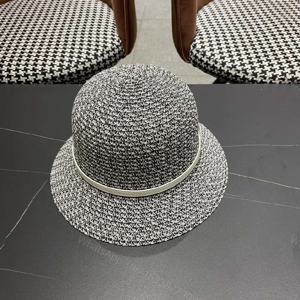 View 5 of Black Straw Hat with Dior Band, Structured Fedora Style, Signed Band