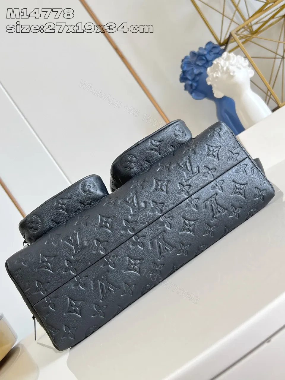 View 2 of Textured Leather Everyday Carry Bag: Minimalist Leather, Crossbody Style, Monogram Texture, 2 Front Pockets, Durable Sizing