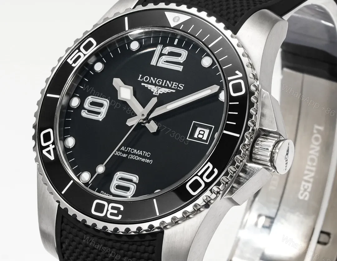 View 2 of Longines Conquest Black Dial Automatic Watch with Stainless Steel Case and Black Rubber Strap