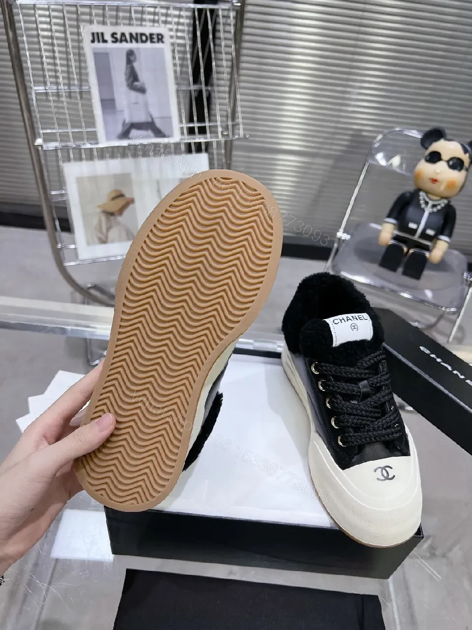 View 5 of Cream Knit-Chanel Inspired High-Tops with Plush Collar
