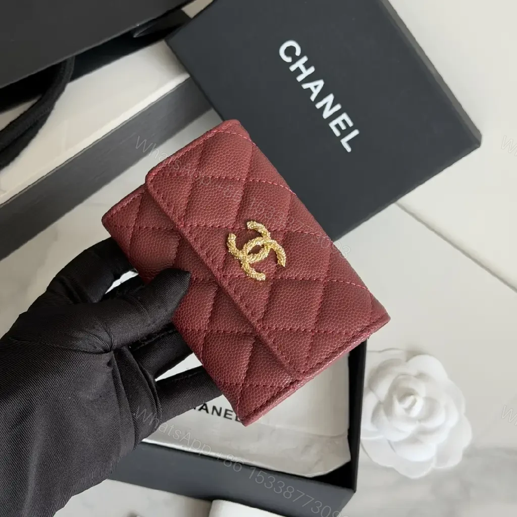 View 8 of Burgundy Quilted Leather Wallet — Gold Logo, Compact Bifold