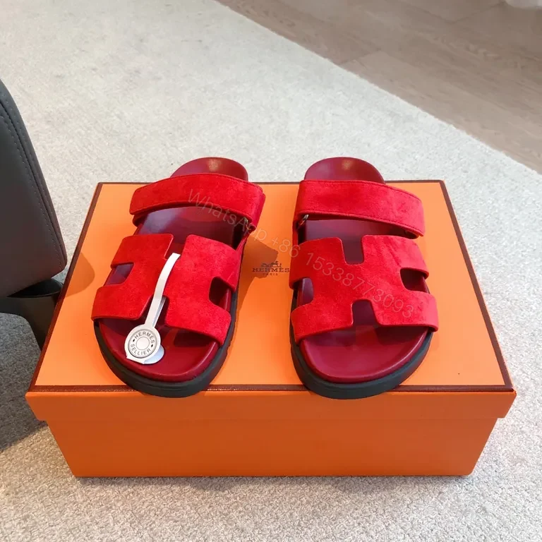 View 4 of Bold Red Suede Sandals â€“ Luxe Comfort, Dual-Stripe Style