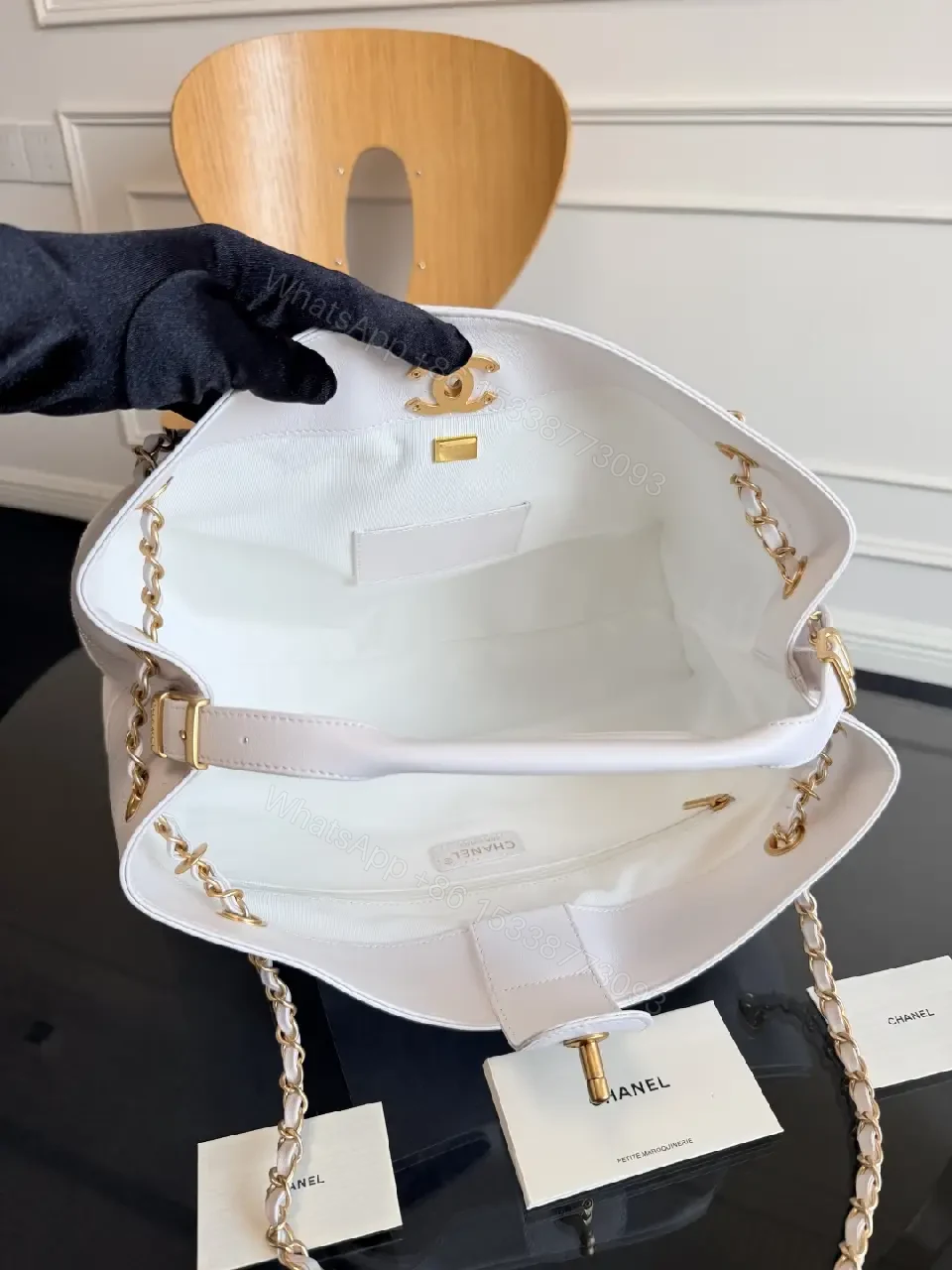 View 10 of White Quilted Tote, Gold Chain, Structured, Luxury Everyday Tote