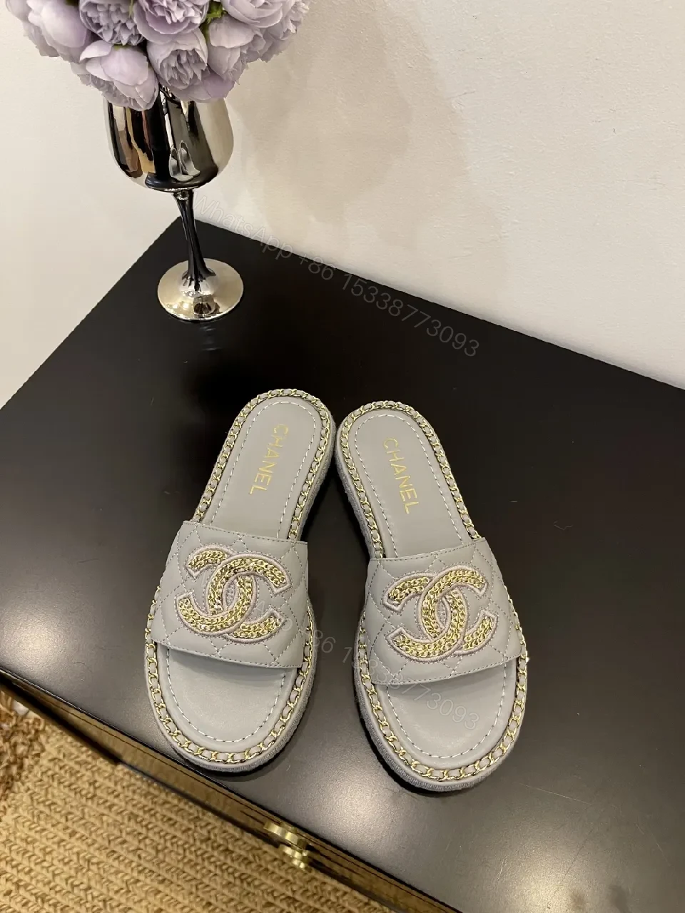 Grey Leatherette Embellished Slide — Luxe, Cushioned, Slip-On — view 1